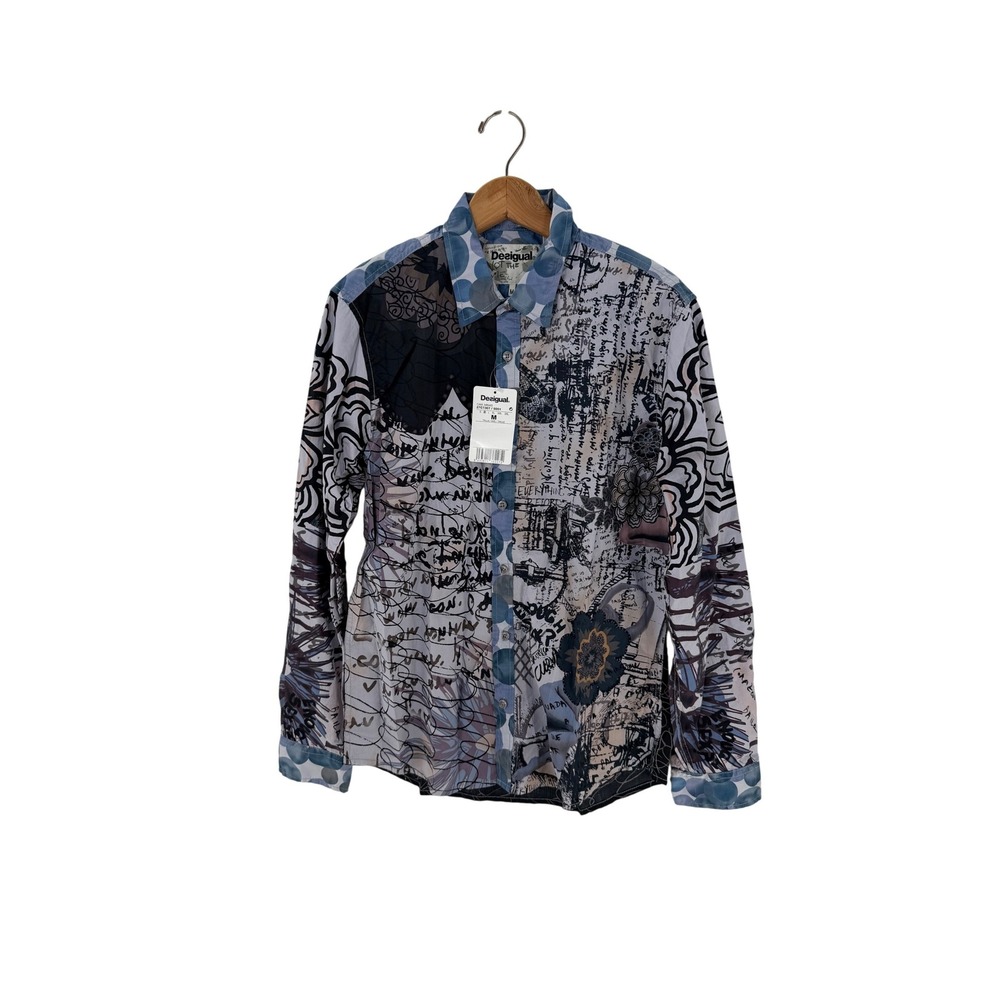 Desigual Men Regular Fit Patchwork Script Button Down Shirt 27C1307 Blue Black M